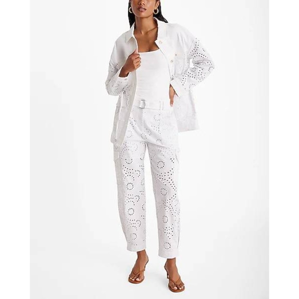 Express Super High Waisted Eyelet Belted Cargo Joggers 2 White Utility Pants NWT